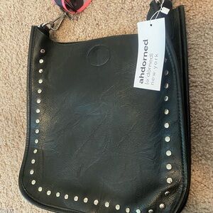 Ah-Dorned Black Vegan Leather Crossbody Leather with Strap Bag Studded